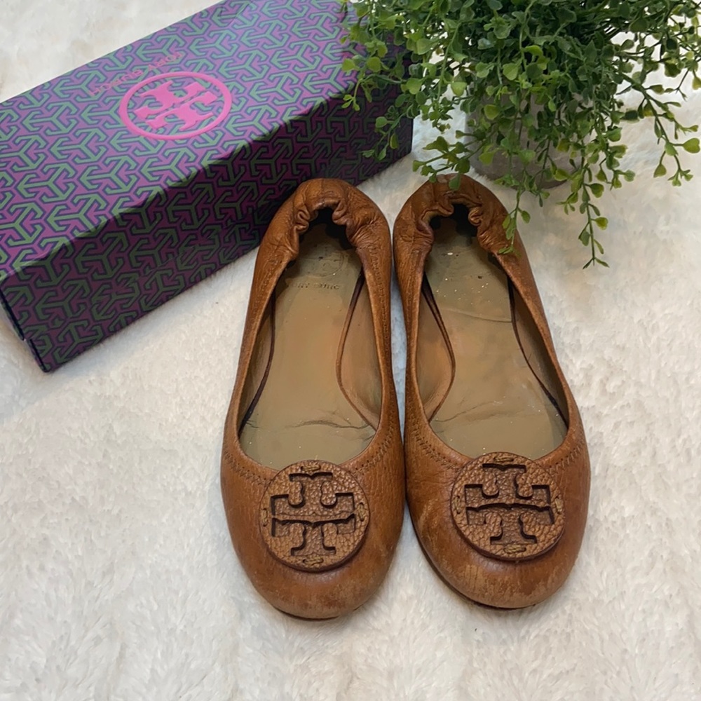 Tory Burch Reva Tumbled Leather Cognac Ballet Flats